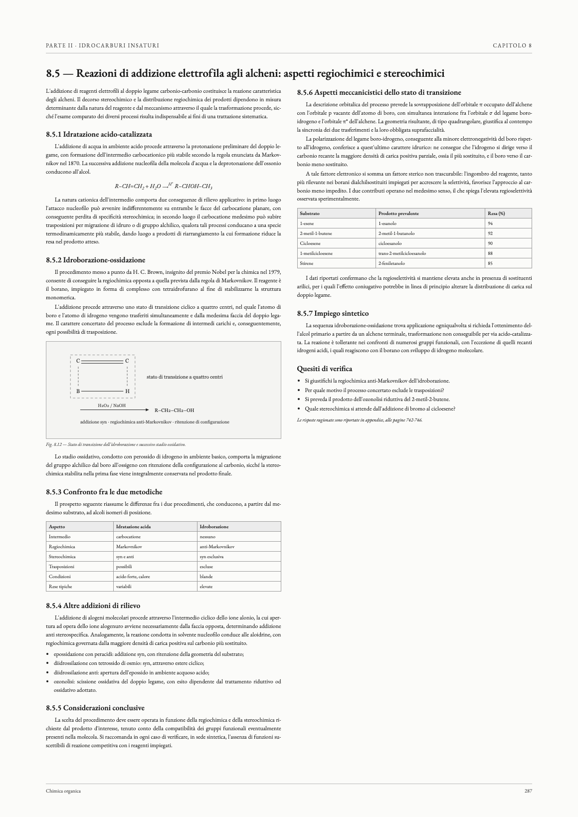 Pagina di un manuale di chimica organica tradizionale: due colonne di testo giustificato, in bianco e nero