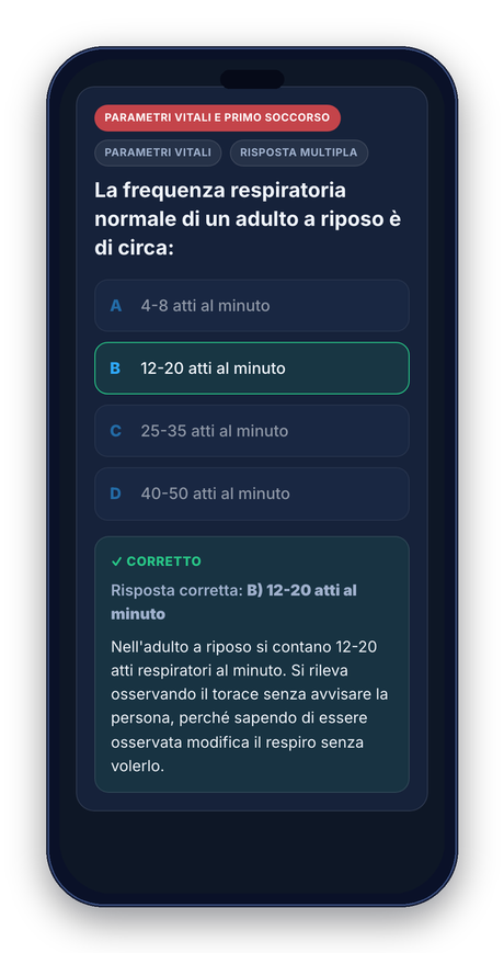 Il Simulatore Quiz OSS sul telefono: una domanda sui parametri vitali con la risposta corretta e la spiegazione