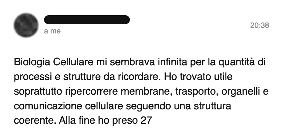 Messaggio di uno studente sul Manuale di Biologia Cellulare