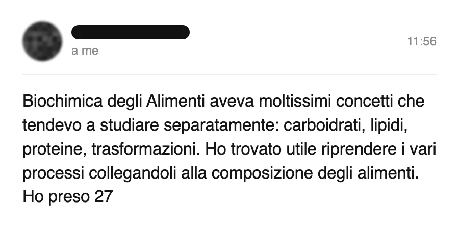 Messaggio di uno studente sul Manuale di Biochimica degli Alimenti