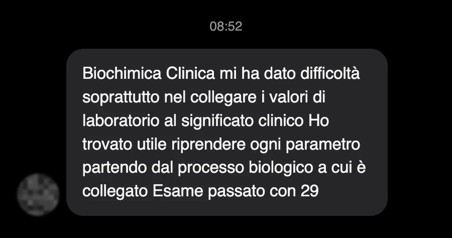 Messaggio di uno studente sul Manuale di Biochimica Clinica