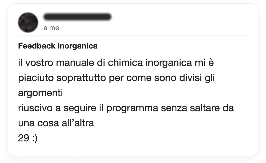 Messaggio di uno studente sul Manuale di Chimica Generale e Inorganica