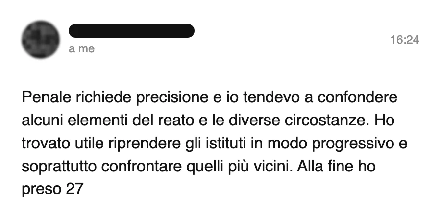 Messaggio di uno studente sul Manuale di Diritto Penale