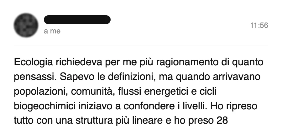 Messaggio di uno studente sul Manuale di Ecologia