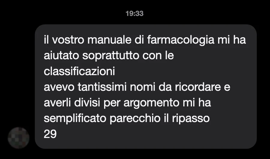Messaggio di uno studente sul Manuale di Farmacologia Generale