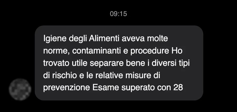Messaggio di uno studente sul Manuale di Igiene degli Alimenti