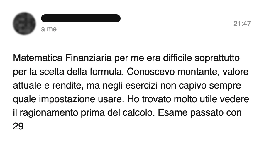 Messaggio di uno studente sul Manuale di Matematica Finanziaria