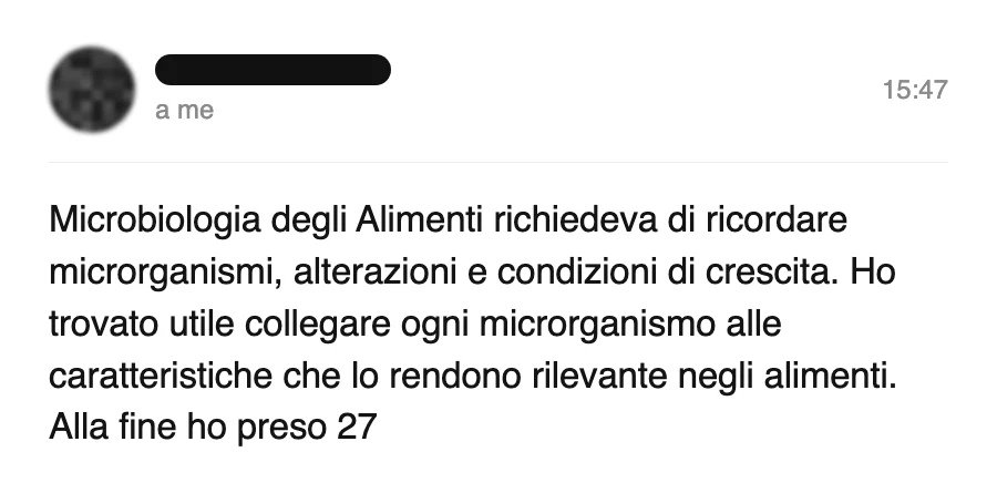 Messaggio di uno studente sul Manuale di Microbiologia degli Alimenti