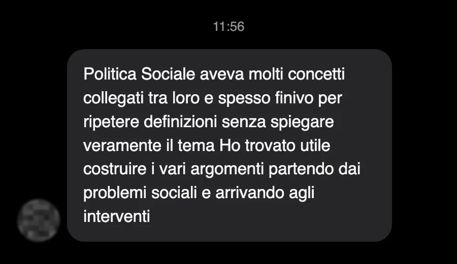 Messaggio di uno studente sul Manuale di Politica Sociale