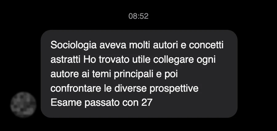 Messaggio di uno studente sul Manuale di Sociologia