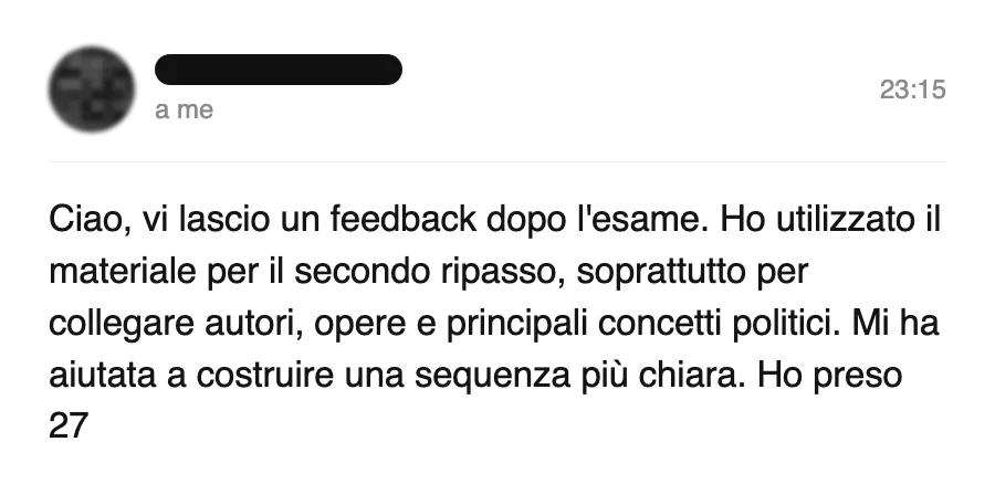 Messaggio di uno studente dopo l'esame