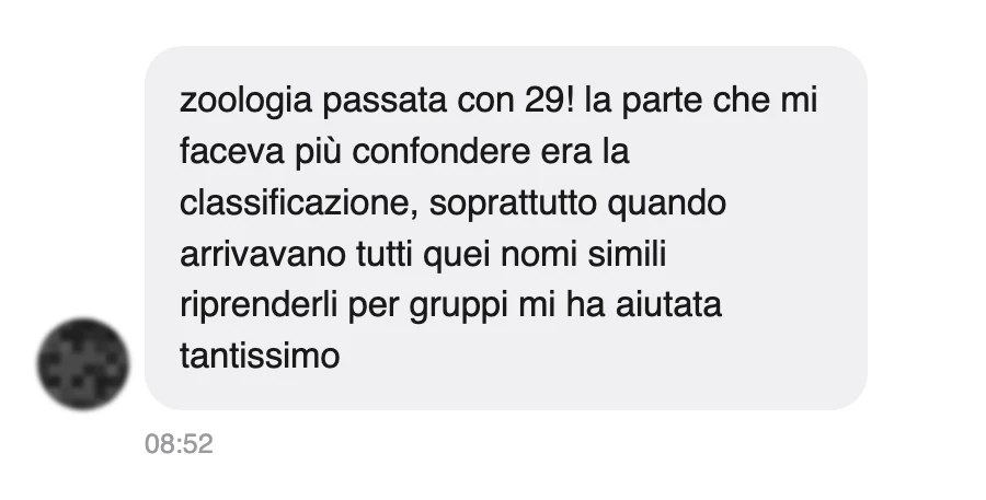 Messaggio di uno studente sul Manuale di Zoologia