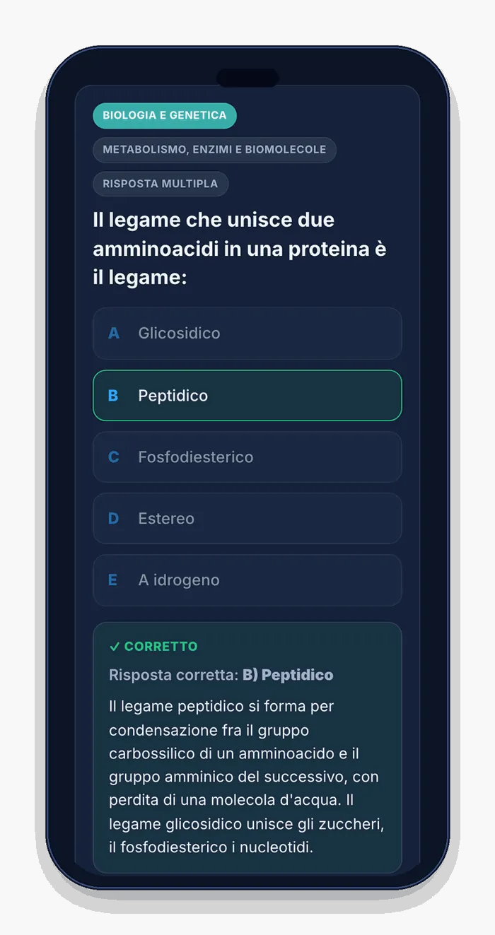 Il Simulatore Quiz del semestre filtro sul telefono: una domanda di Biologia con la risposta corretta e la spiegazione